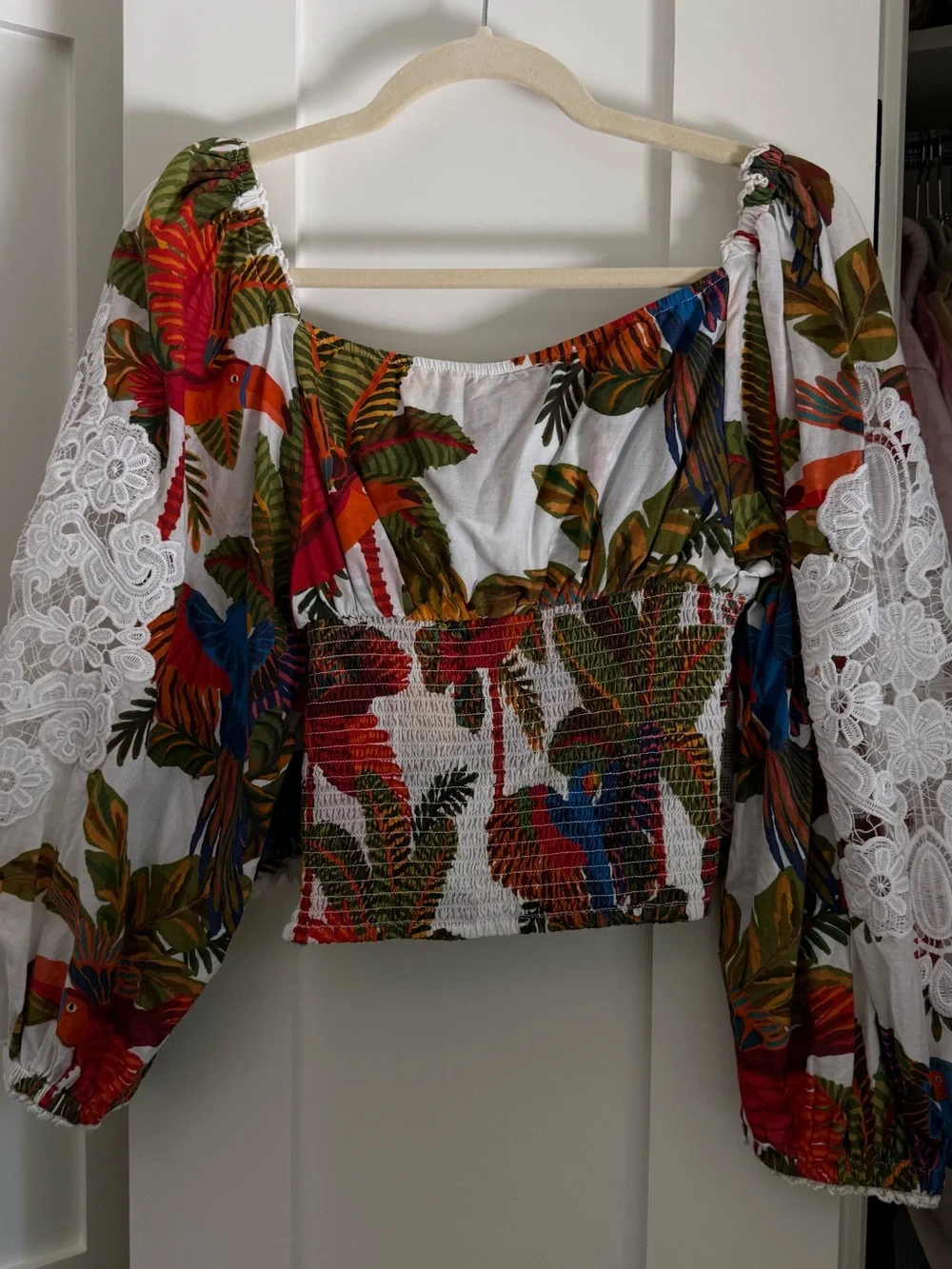 FARM Rio White Tropical Floral Lace Peasant Blouse